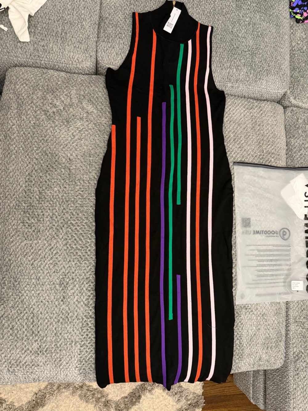 Black Sleeveless Striped Undershirt Dress with Multicolor Stripes